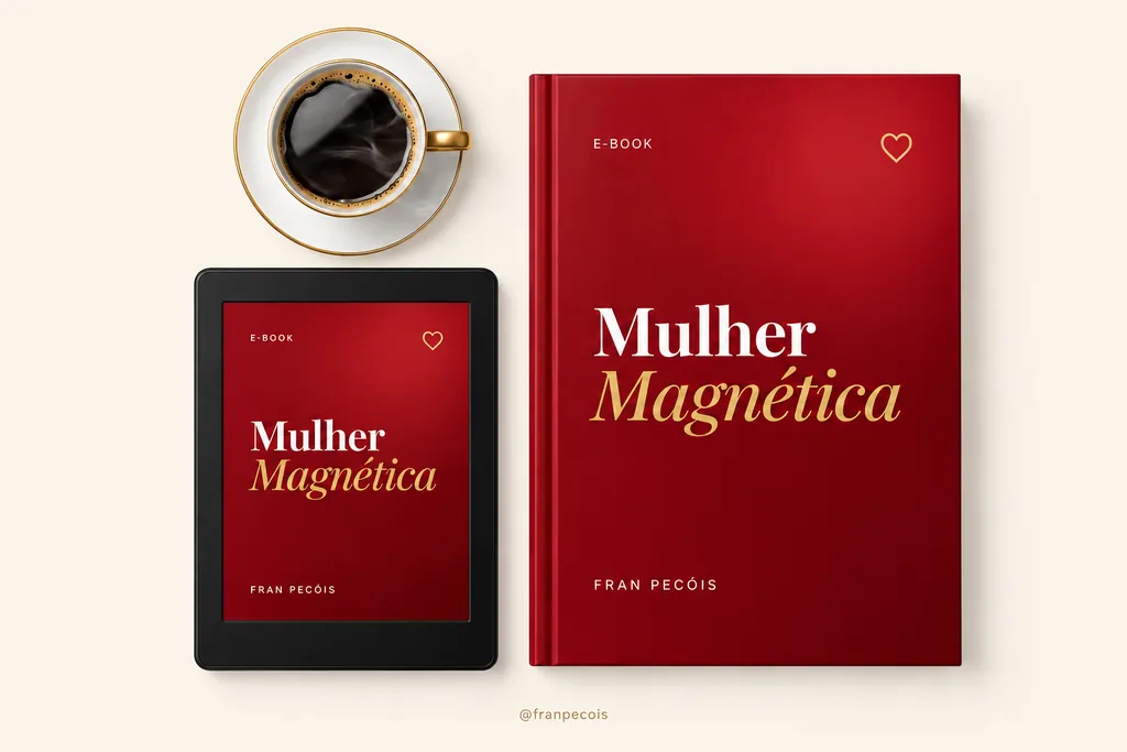 E-book Mulher Magnética, de Fran Pecóis, em versão impressa e em leitor digital, ao lado de uma xícara de café